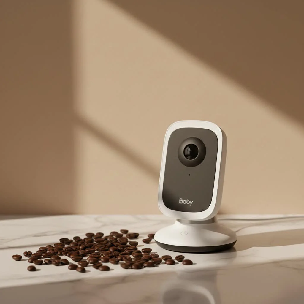 Baby monitor camera showing a sleeping baby in a crib