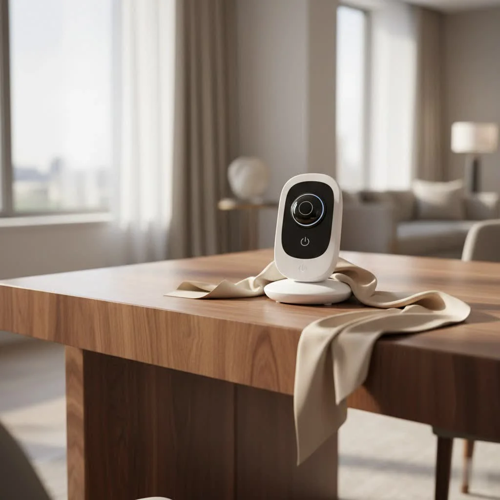 Eufy baby monitor parent unit displaying a clear image of a sleeping baby